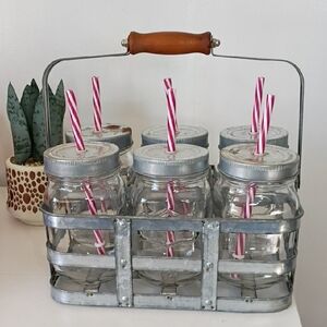 Mason Jar Set with Metal Carrier and Straws